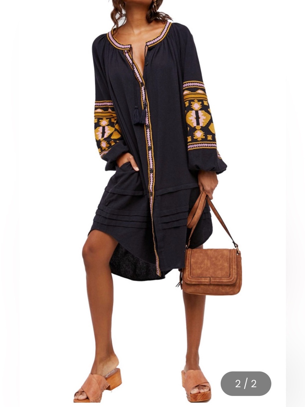 Black Embroidered Long-Sleeve Boho Dress with Tassel Tie